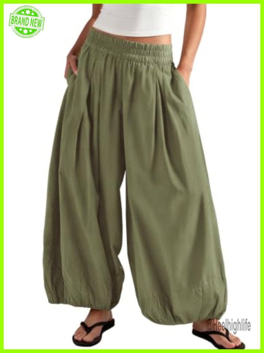 Wide Leg Balloon Pants with Side Pockets Elastic High Waist Travel - Picture 1 of 4